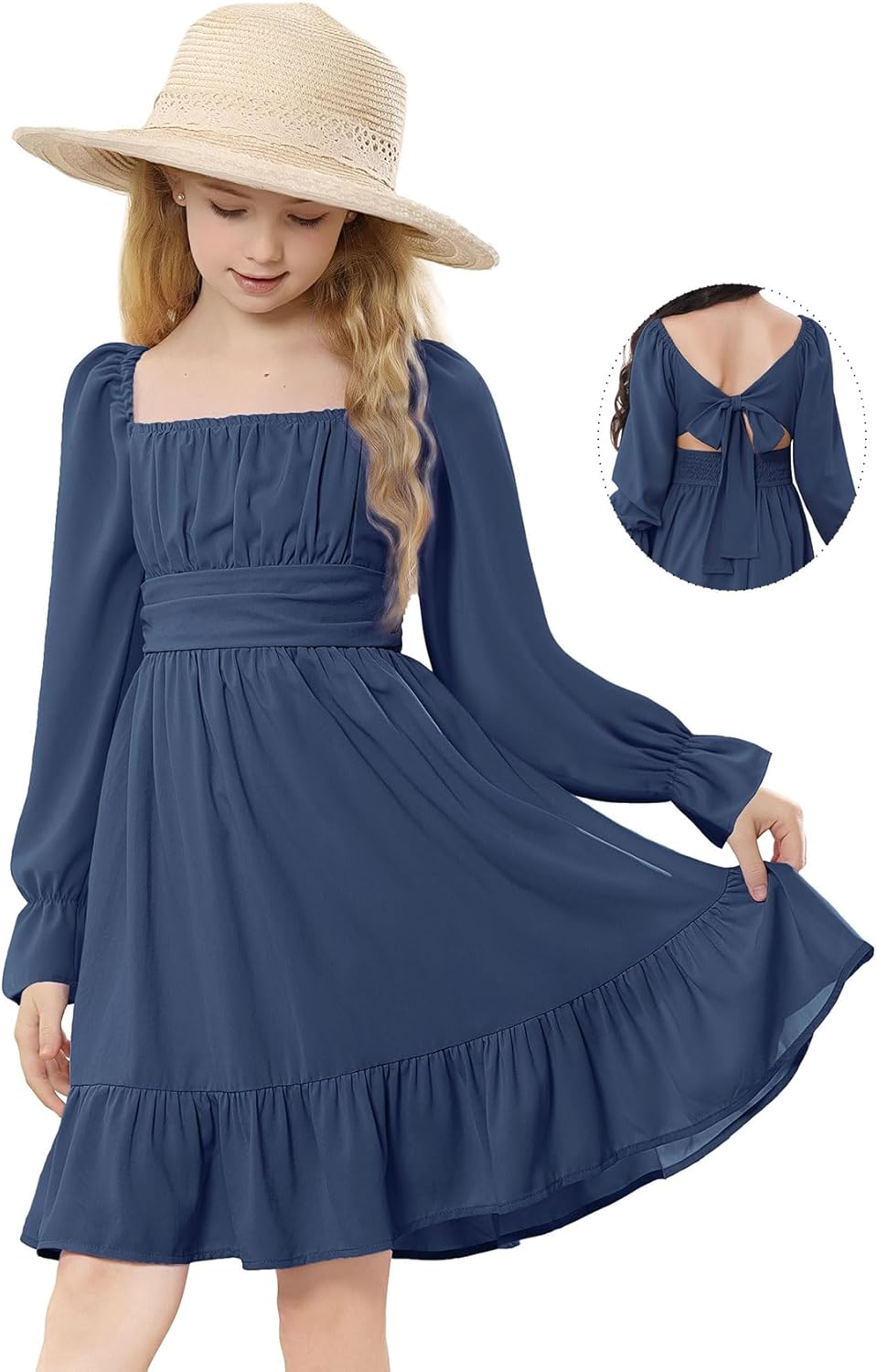 Durio Girls Dresses for Teens Girls Tie Back Off Shoulder Dress Cute Long Sleeve Dress Easter Kids School Party Dance Dresses