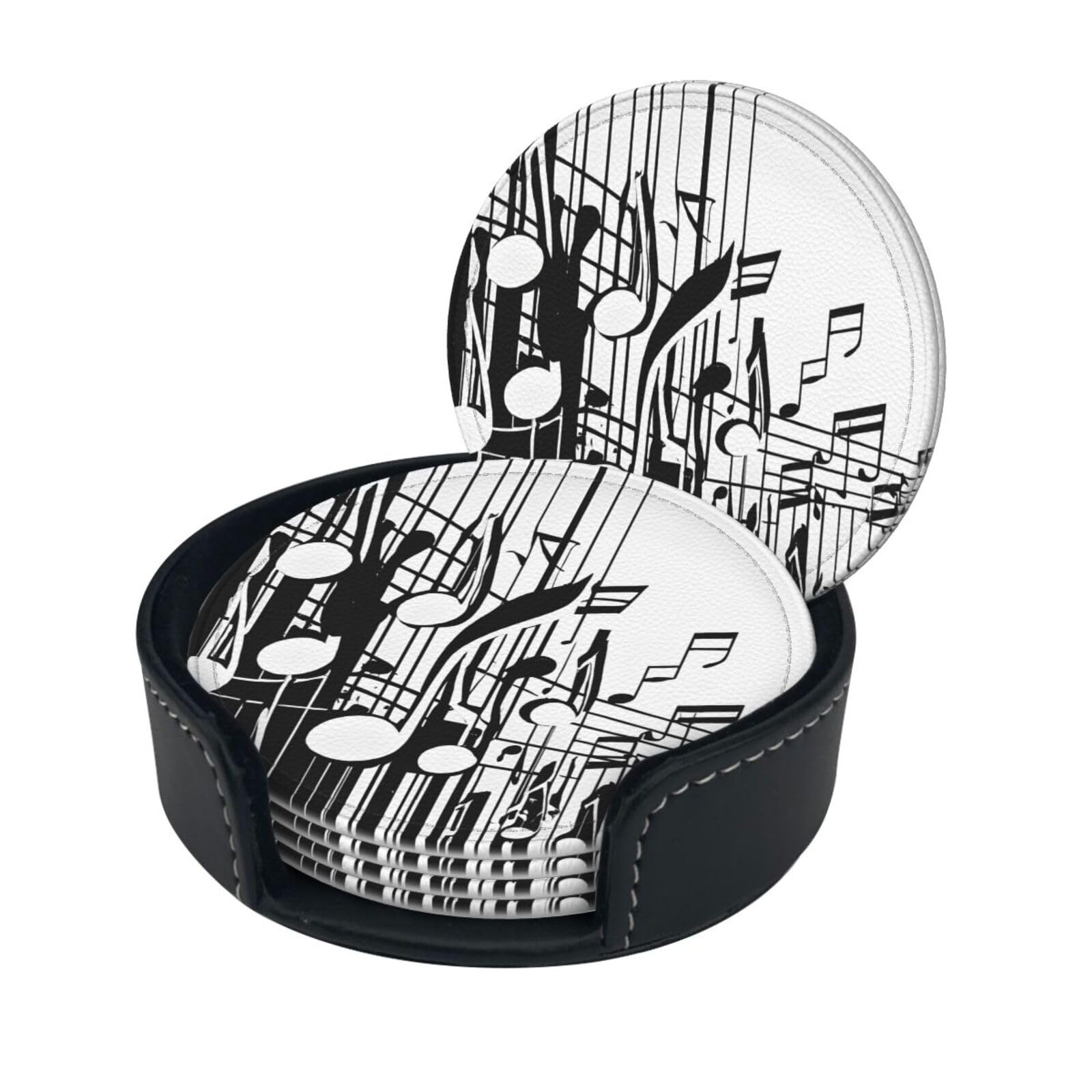 Music Notes Print Print Coaster,Round Leather Coasters with Storage Box for Wine Mugs,Cold Drinks and Cups Tabletop Protection (6 Piece)