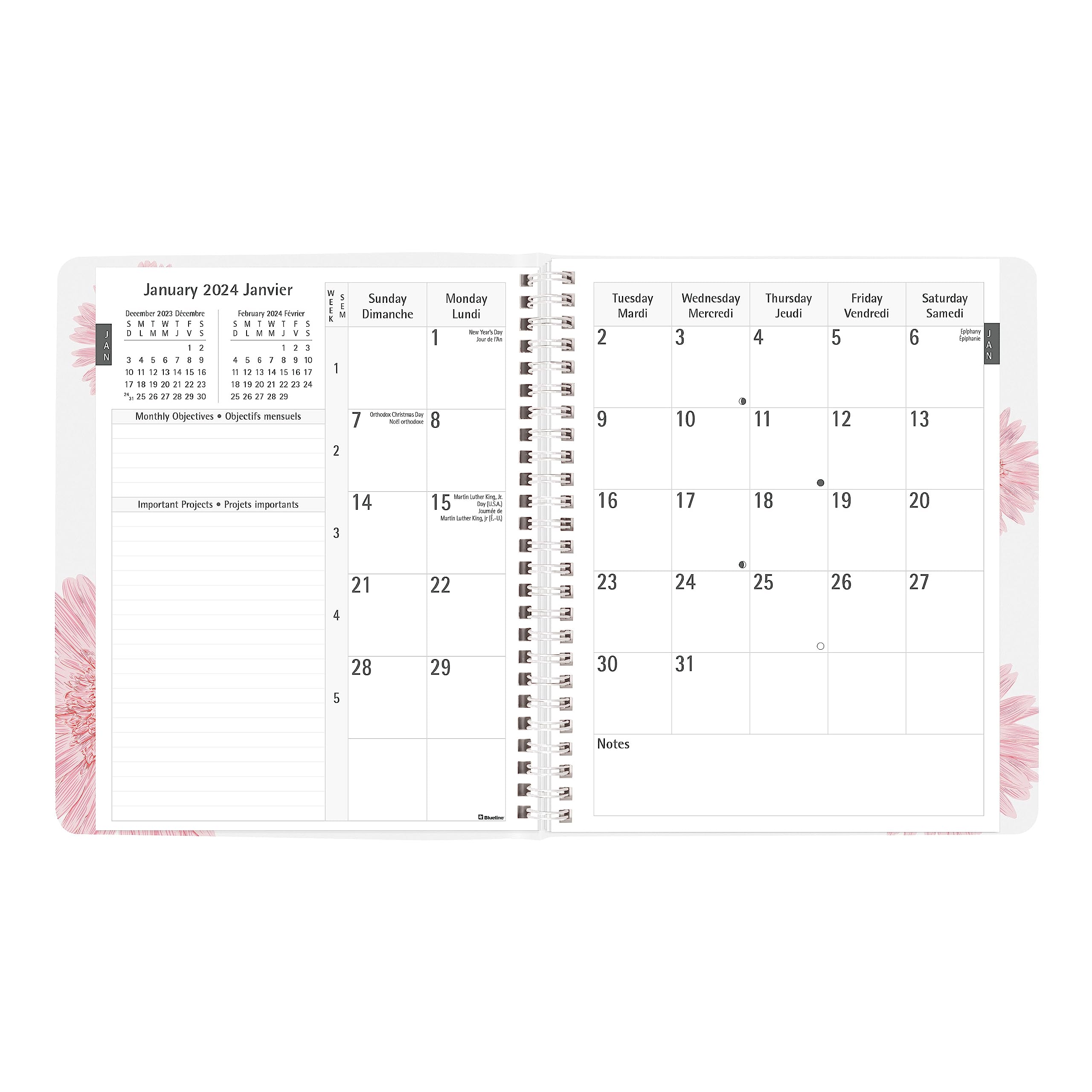 Blueline 2024 Timanager Weekly/Monthly Planner - Bilingual English/French, 13 Months (Dec 2023-Dec 2024)