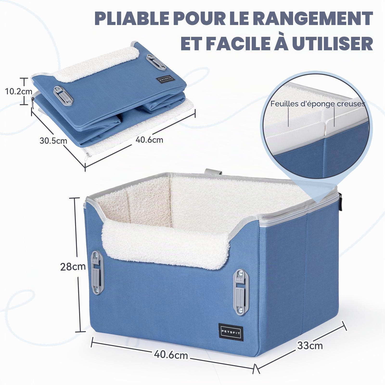 PETSFIT Siège rehausseur de voiture pour chien de taille moyenne avec 2 laisses de sécurité à clipser, boucles brevetées, siège rehausseur pour animaux de compagnie (bleu neuf, taille S)