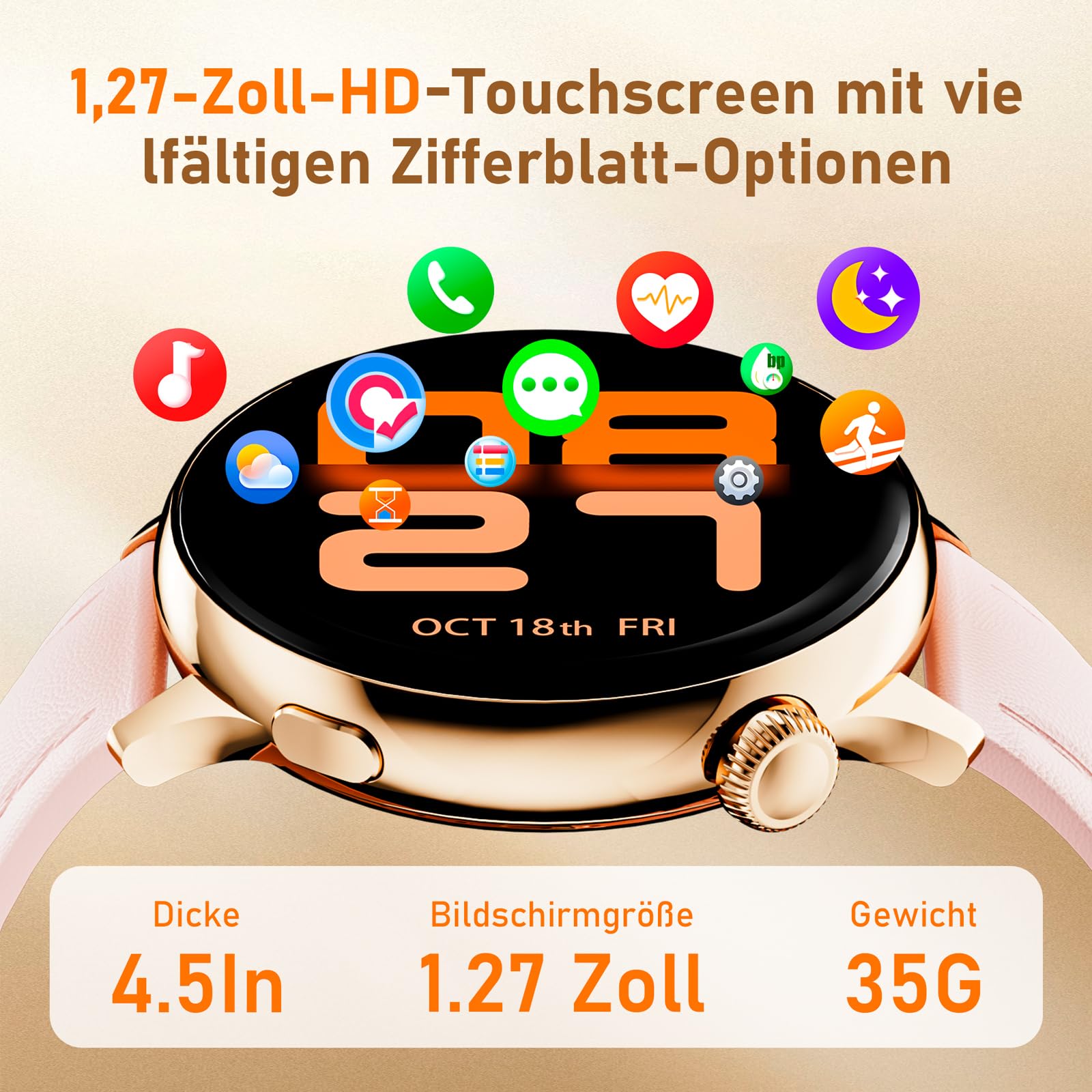 OKYUK Reloj Inteligente Mujer con Llamadas,1.27" HD Smartwatch Mujer con frecuencia cardíaca 24 h, monitorización de SpO2 y del sueño, 90+ Modos Deportivos, Compatible con Android e iOS (Dorado)