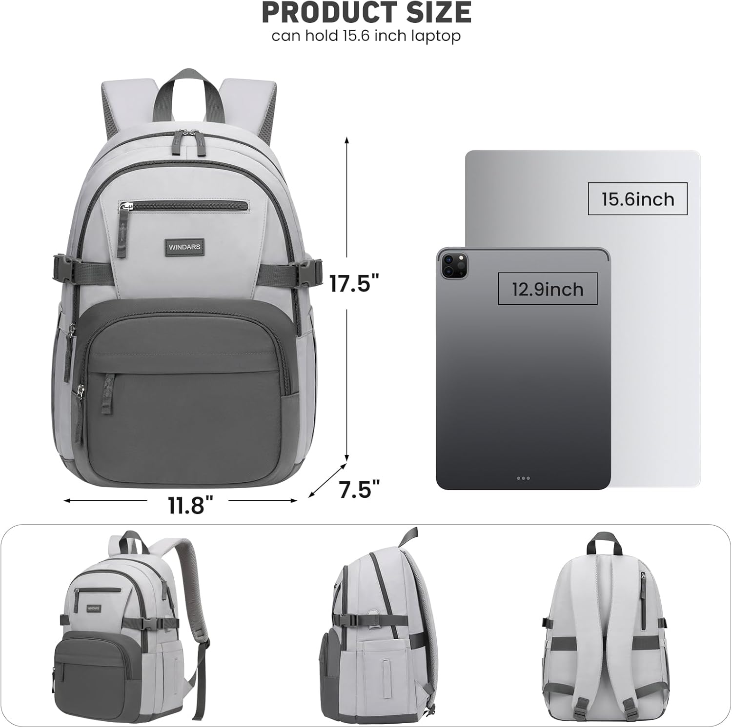WINDARS Backpack for School Girls, Cute High School Backpacks for Teens Women Student Large Bookbag 15.6 Inch Laptop Bag with USB Charger Port for College Work Travel Trip (Dark Grey & Light Grey) image 3