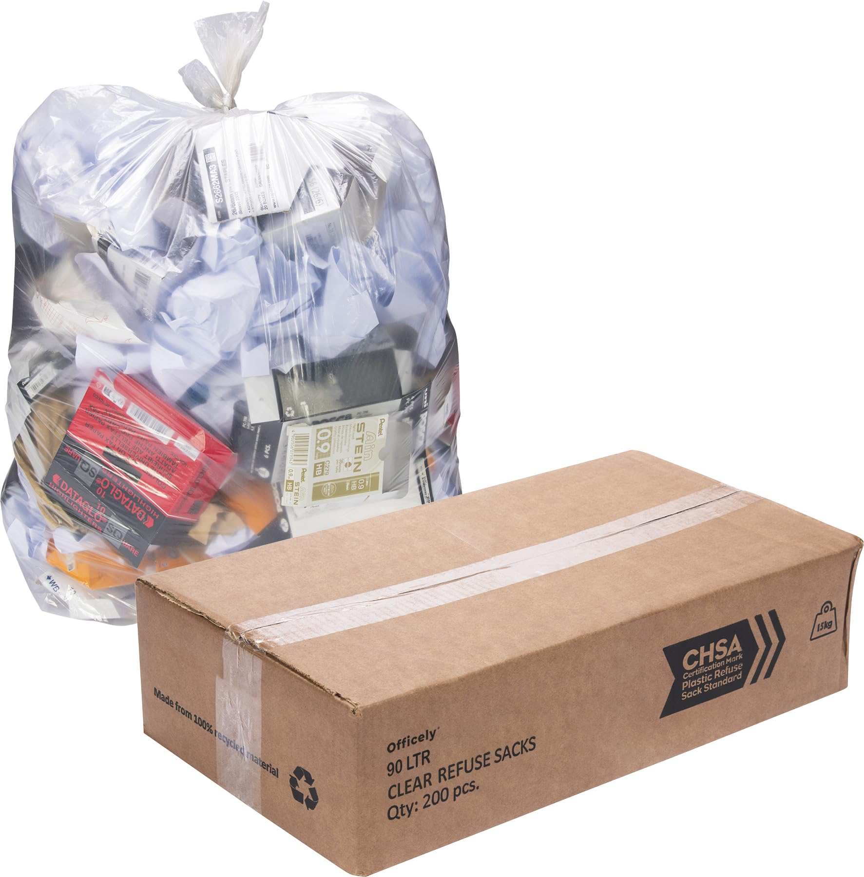 Officely Heavy Duty 90L Clear Bin Bags, 15kg Rated, CHSA Accredited Refuse Sacks (Heavy Duty)