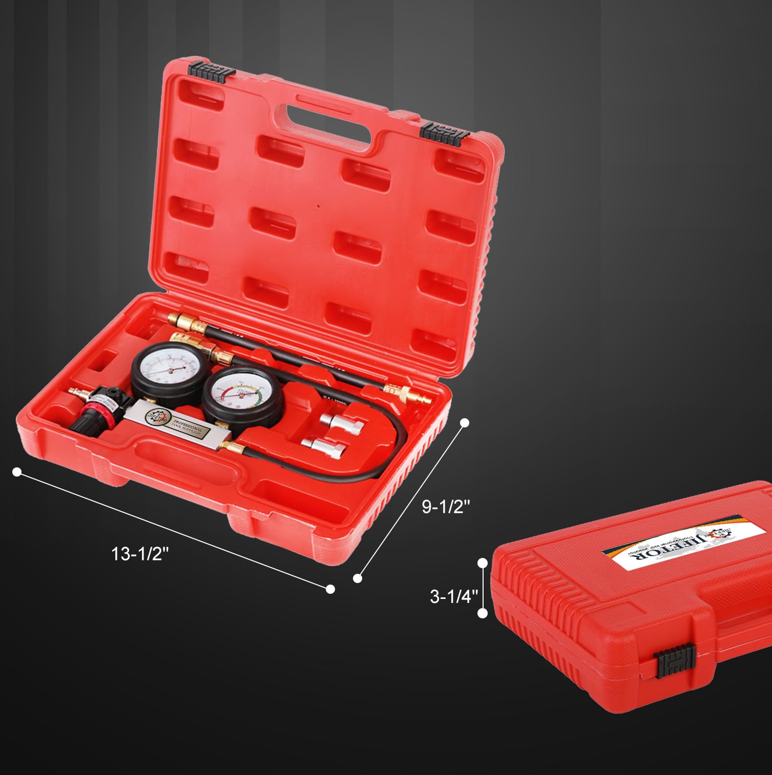 JIFETOR Kit de probador de fugas de cilindro, medidor de presión dual profesional, detector de fugas de compresión del motor, juego de prueba de fugas para motor de gasolina con bujías de 10 12 14 mm