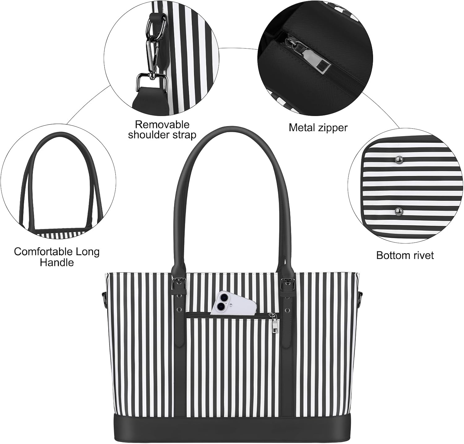 MOSISO Laptop Tote Bag for Women Waterproof Vertical Stripe PU Leather Computer Bag for Business Office Work Teacher College