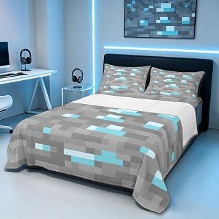 Manfei Pixelated Blocks Miners Kids Sheet Twin Size,Video Games Game Gamepad Bedding Set, Geometric Grid Patchwork Boys Girls Room Decor, Gray Blue Sheet(Fitted+Flat+1 Pillowcase)