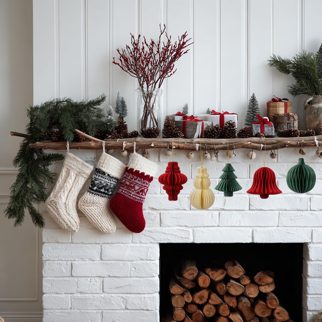 Lot de 21 décorations de fête de Noël en papier nid d'abeille, décorations à suspendre pour sapin de Noël, cloches, boules, lanternes, plafond, mur, décoration d'intérieur