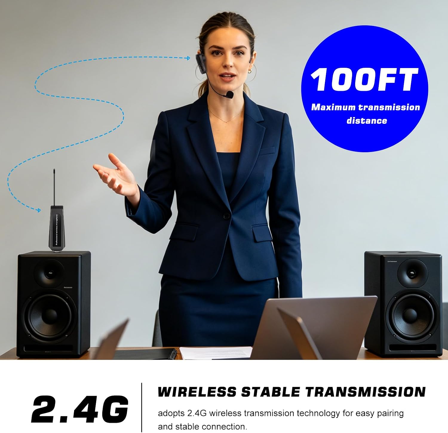 WF-02 Wireless Microphone System for 2 People,100ft Range, 2.4G Dual Wireless Headset Mics for Karaoke Speaker, Amplifier, Mic Speakers, Church, PA System, Yoga,Teaching, Fitness