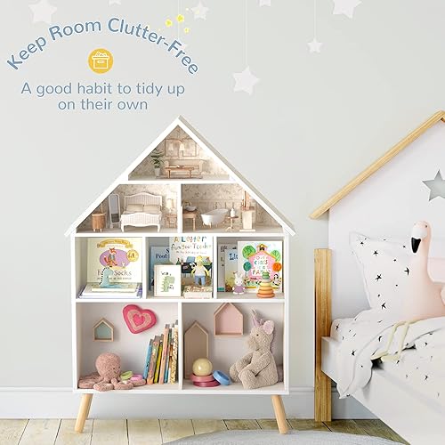 Miniatura 20 de Curipeer Estantería de casa de muñecas para niños y almacenamiento para bebés, estantería de madera para casa de muñecas con organizador de Color de