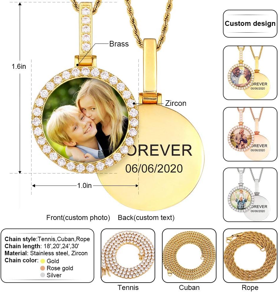 TUHE Personalized Hip Hop Custom Picture & Text Pendant Necklace 18K Gold or Platinum Plated AAA CZ Iced Out Small Round Photo Necklace for Men Women Memory Chain Necklace Customized Rope/Tennis