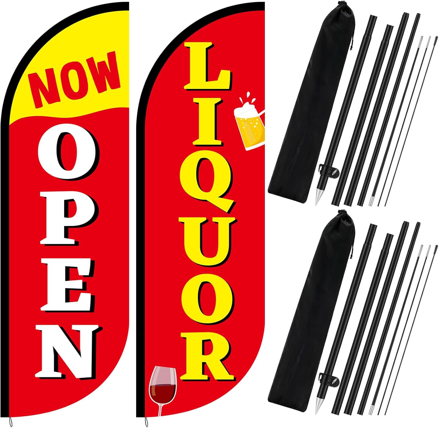 2 Pack Liquor Feather Flagpoles Kit 8.2 Feet Now Open Liquor Feather Flags Banner with Poles and Storage Bags Open Signs Advertising Banner for Businesses Market Wine Store Outside Outdoor