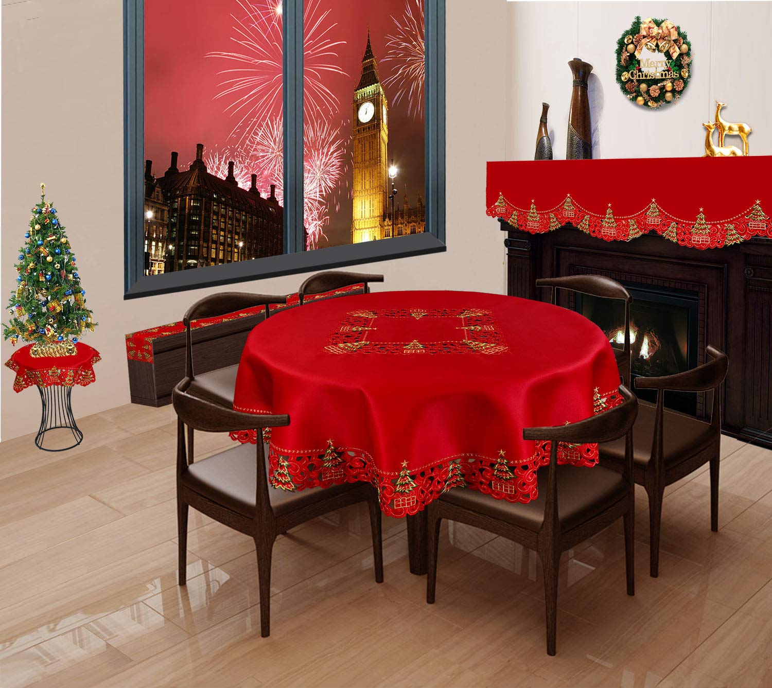 Grelucgo Nappe de Noël brodée Motif Sapin Houx (132 cm Nappe Ronde)