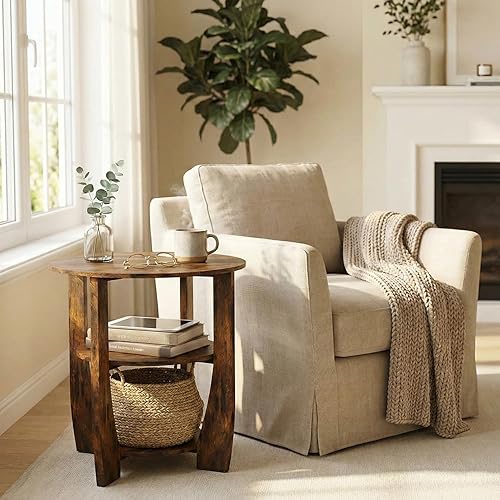 Miniatura 2 de Mesa auxiliar redonda marrón rústico, mesa auxiliar de 3 niveles con estantes de almacenamiento, mesita de noche de granja para dormitorio, mesa