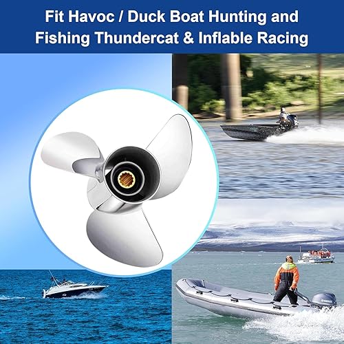 Miniatura 3 de 10.25 x 141516-G Hélice fueraborda de acero inoxidable pulidonegro para motores Yamaha 40-60,13 dientes ranurados, RH, estilo semi cuchillo como