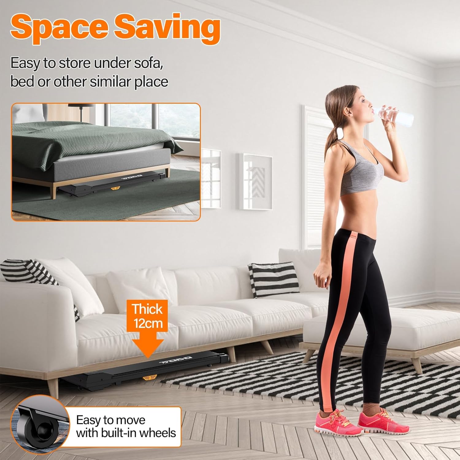 Woman demonstrating how to store the TODO T3840-NEW Walking Pad Treadmill under a sofa, highlighting its space-saving design and built-in wheels.