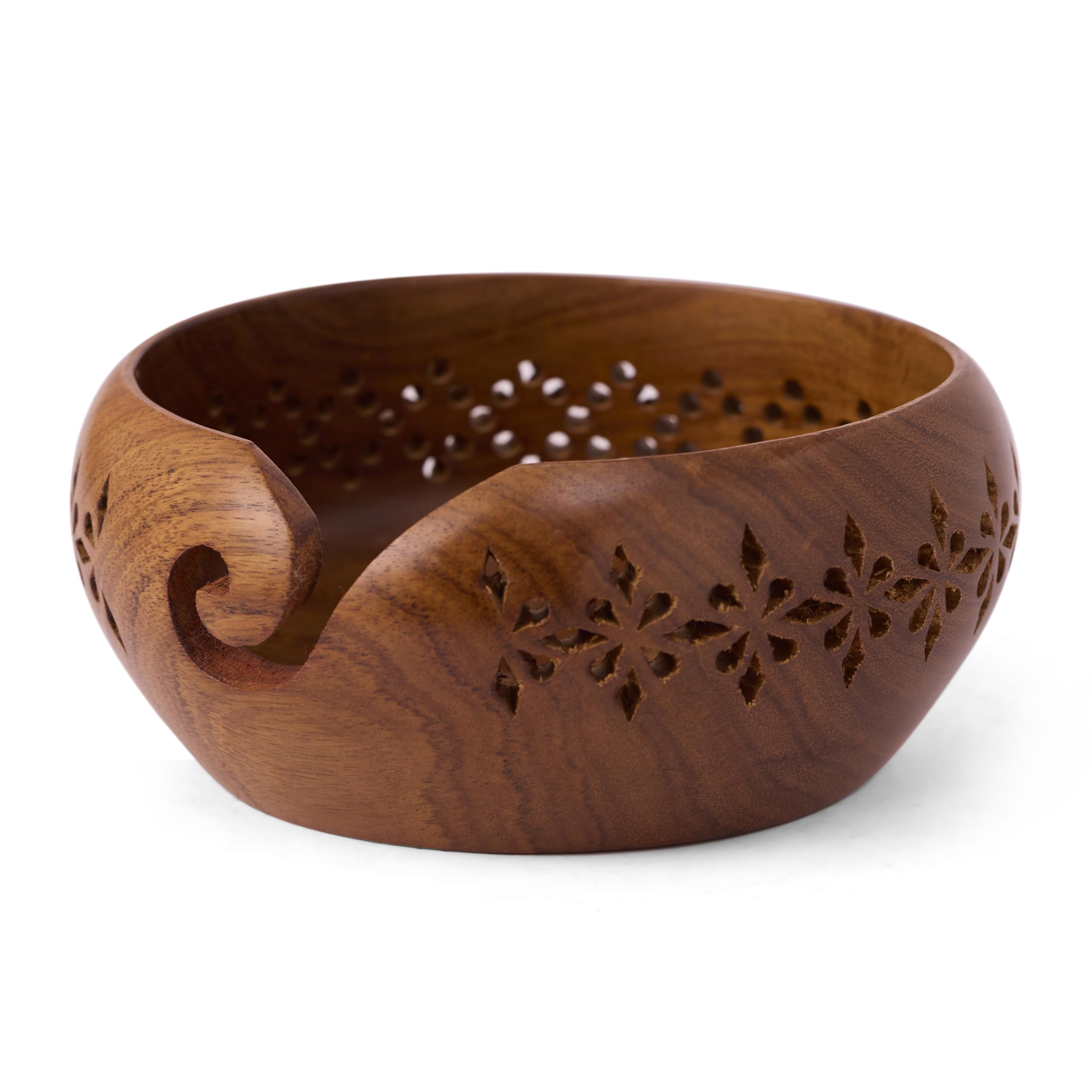 GURU JEE™ Handmade Wooden Yarn Bowl Wool Ball Holder Knitting Bowl Crochet Holder Gifts Showpiece (Natural_Brown_Jali_2) (1 Piece)