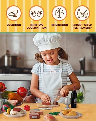 Miniatura 4 de RRIBOUDWAN Juguetes de madera para niños, juego de cocina incluye cuatro tipos de carne, pasta, ensalada de verduras y vino, juguetes para el