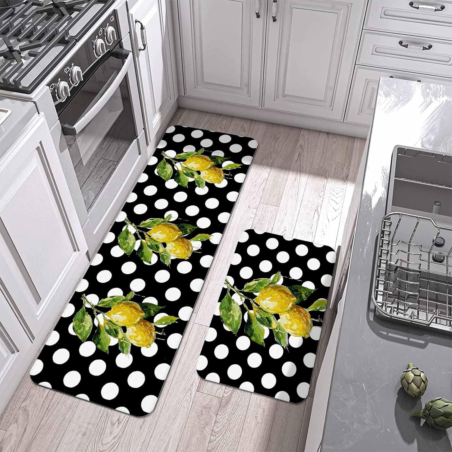 Yellow Lemons Kitchen Mat Set 2 Pieces Hand-painted Style Lemon Classic White Polka Dots Non Slip Kitchen Rugs Washable Runner Rug Mats for Floor Sink Laundry Office 15.7" x 23.6"+15.7" x 47.2"