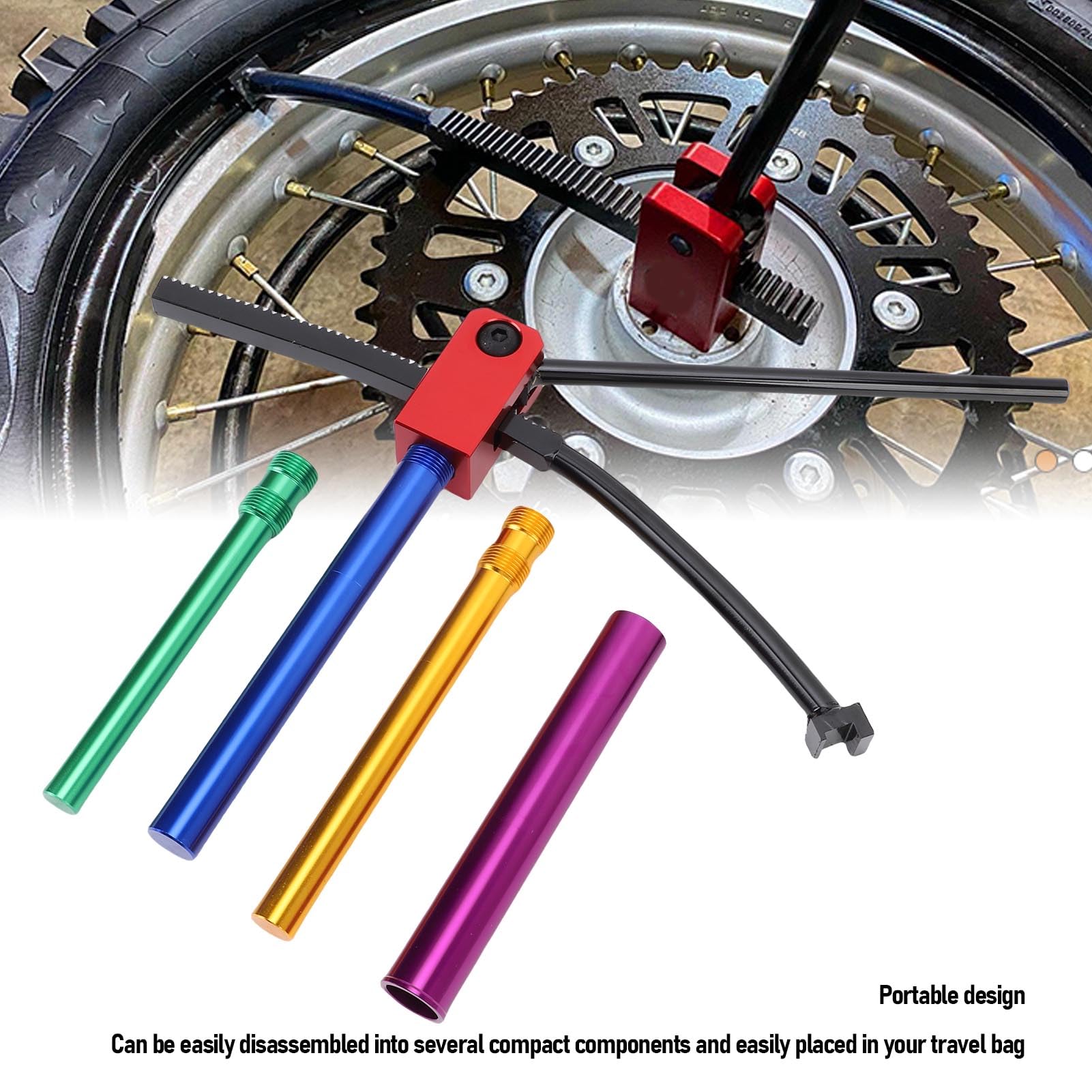 Kit Attrezzi Cambio Pneumatici Dirt Bike Alluminio, Smontagomme con Ingranaggi Cremagliera e Pignone per Ruote 16-21 Pollici Assi 15-25mm, Portatile