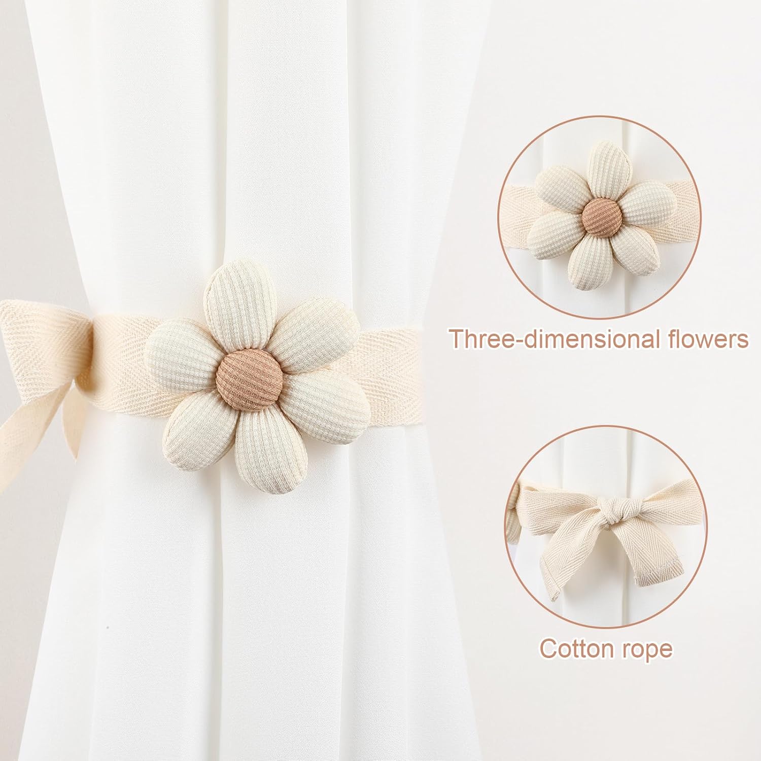Moukeren 6 Pack Boho Sunflower Rope Curtain Tiebacks Simple Elegant Farmhouse DIY Curtain Holdbacks Accessories Wall Decoration for Home Office (Beige,Single-Flower)