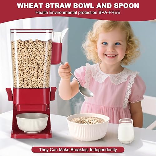 Miniatura 4 de Dispensador de cereales para encimera, color rojo, paquete de 2 con cuencos Creal, cucharas, caja de cubiertos, contenedores de cereales,