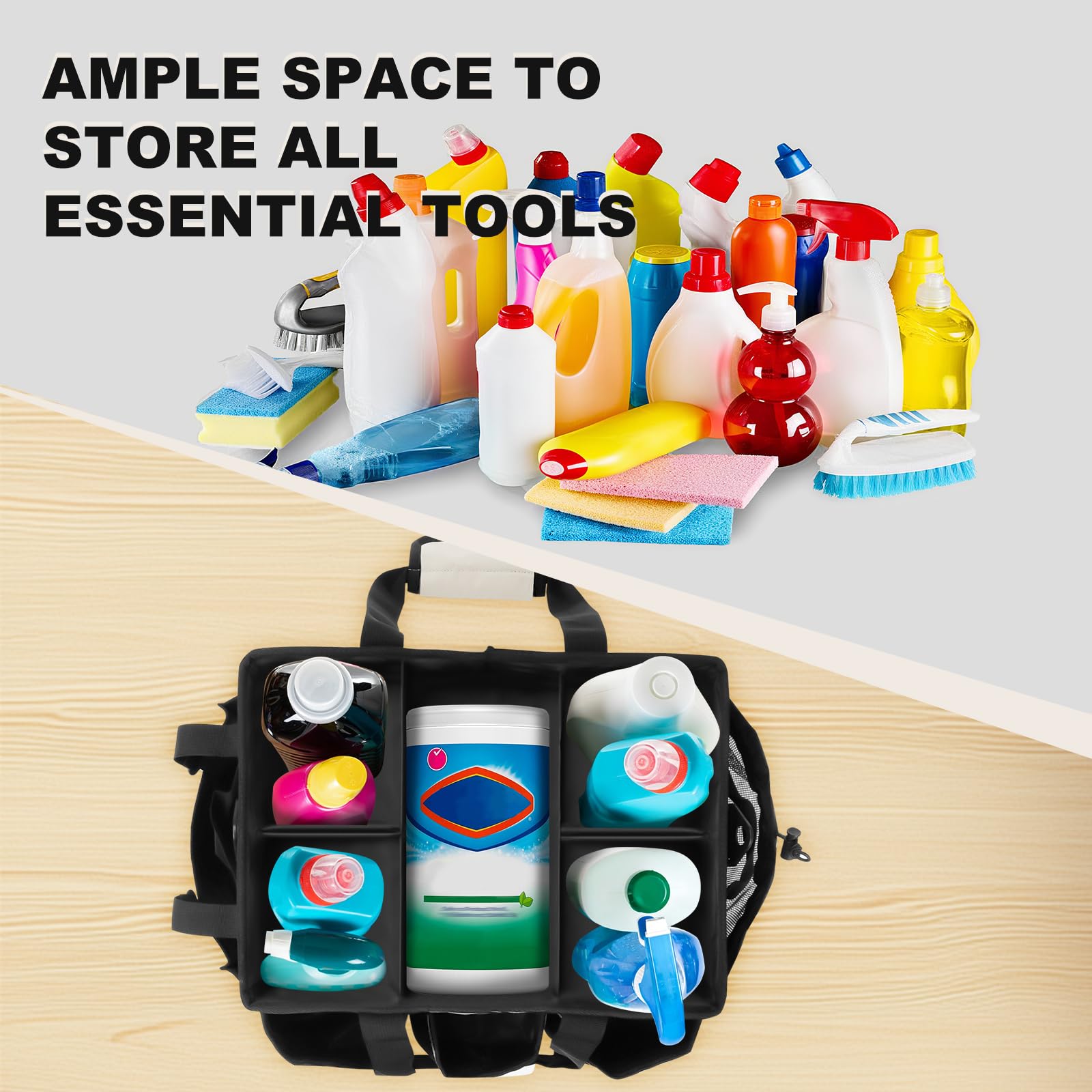 Qivine Indossabile Borsa per Pulizia, Grande Portatile Organizer Pulizia Caddy con Manico e divisorio Staccabile, Multifunzionale Borsa Portaoggetti Con 5 Scomparti per Casa Auto Giardino (Bianco)