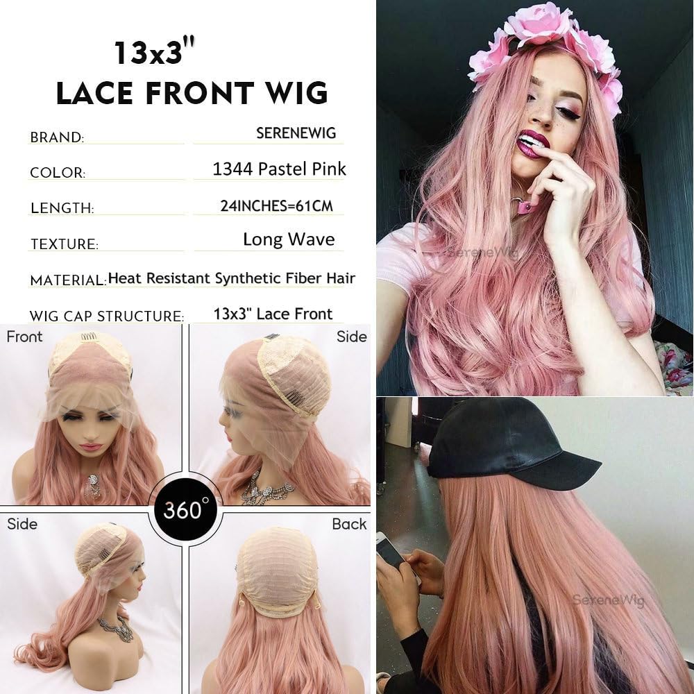 24" Lungo rosa ondulato parrucche per le donne sintetico pizzo anteriore miscelato rosa calore sicuro sostituzione dei capelli parrucche Halloween Cosplay giornaliero partito uso parrucca mezzo Parted