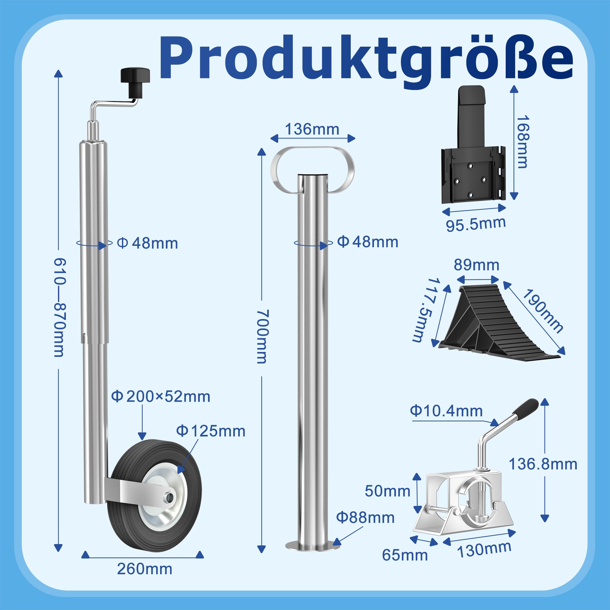 YRHome Zestaw akcesoriów do przyczepy, koło podporowe z pełnej gumy, do 150 kg, z zestawem montażowym, 610-870 mm, regulowana długość rury podporowej Ø 48 mm, do przyczep, przyczep kempingowych,