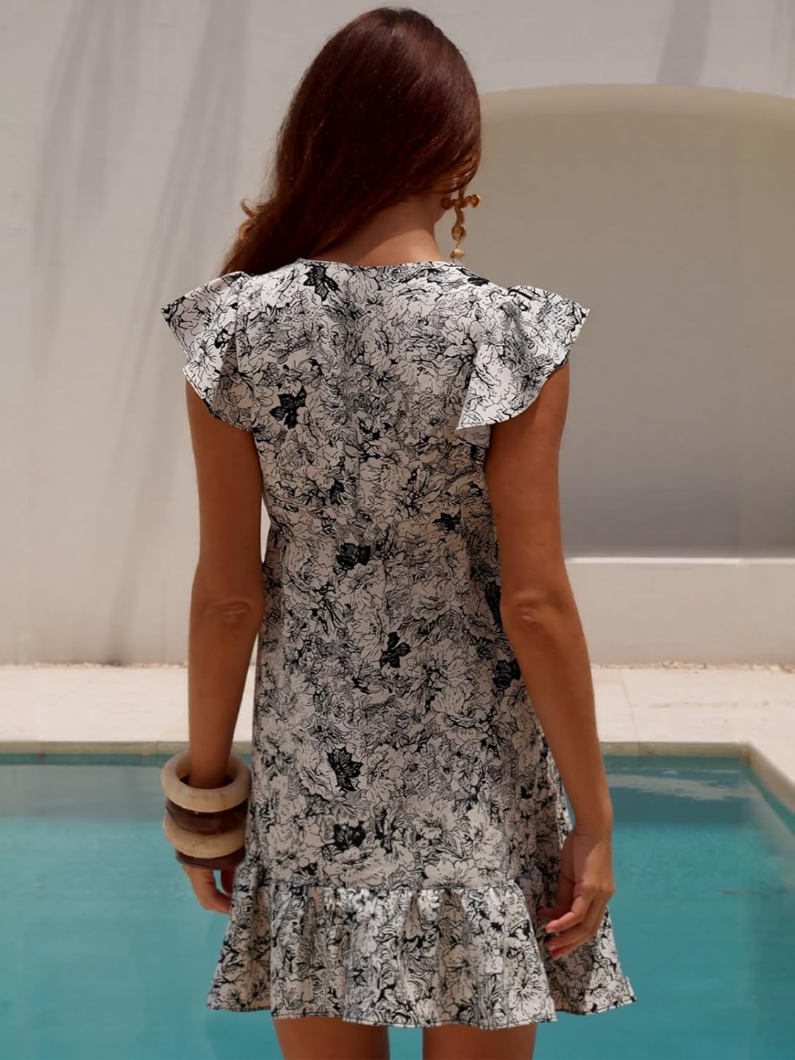 YUNDAI Women’s Floral Ruffle Mini Dress Tie Front Boho Short Sleeve Summer Outfit - Image 5