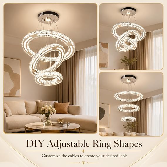 Dimmable 3 Ring Modern Crystal Chandelier LED Ceiling Light