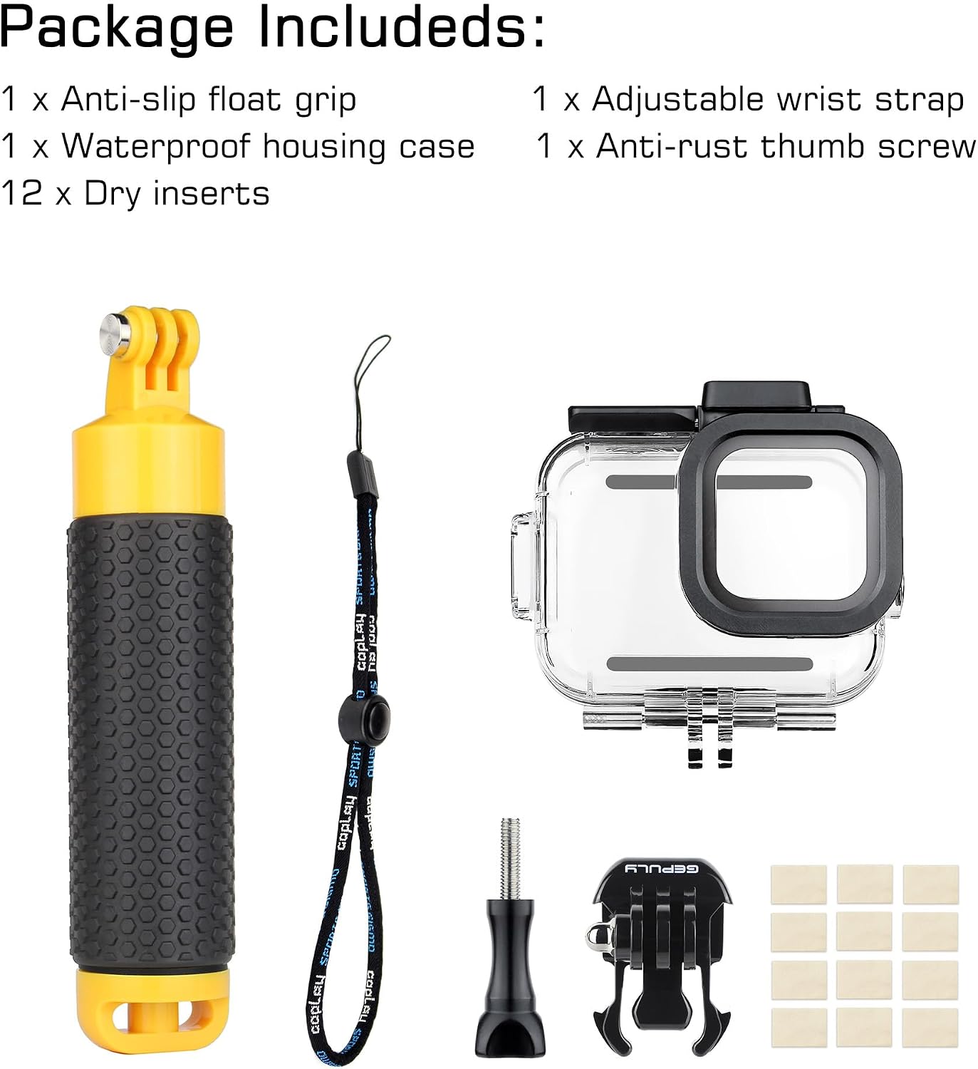 GEPULY 60M/196FT Waterproof Case for GoPro Hero 13 12 11 10 9 Black, Floating Handle Grip Pole Stick Monopod Underwater Accessories Protective Case Dive Shell
