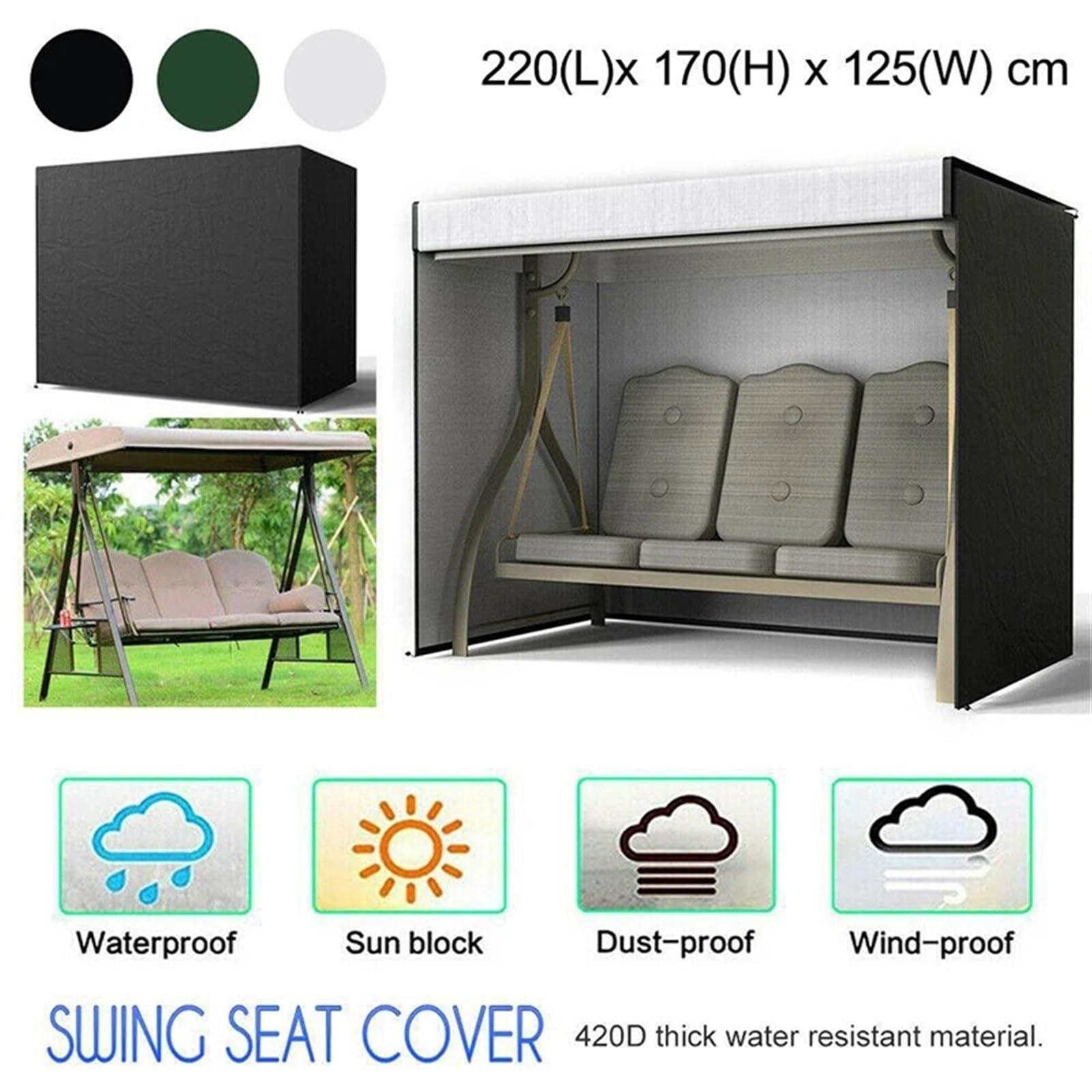 Funda impermeable para columpio de patio de 3 plazas, protector de hamaca de jardín de tela Oxford 420D, accesorios al aire libre, gris, 190 x 71 x 117 cm