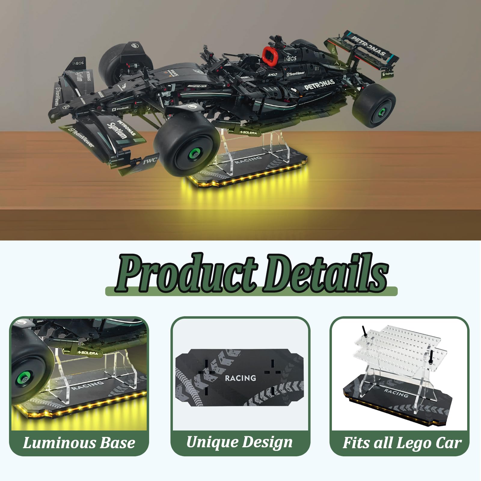ZQYALPSID Lego F1 Display Stand,Acrylic LED Display Stand for Lego Technic AMG F1 W14 E Performance Race Car Building Set,Display Stand with Luminous Base for LEGO 42171,42206, 42096, 42161, 42207