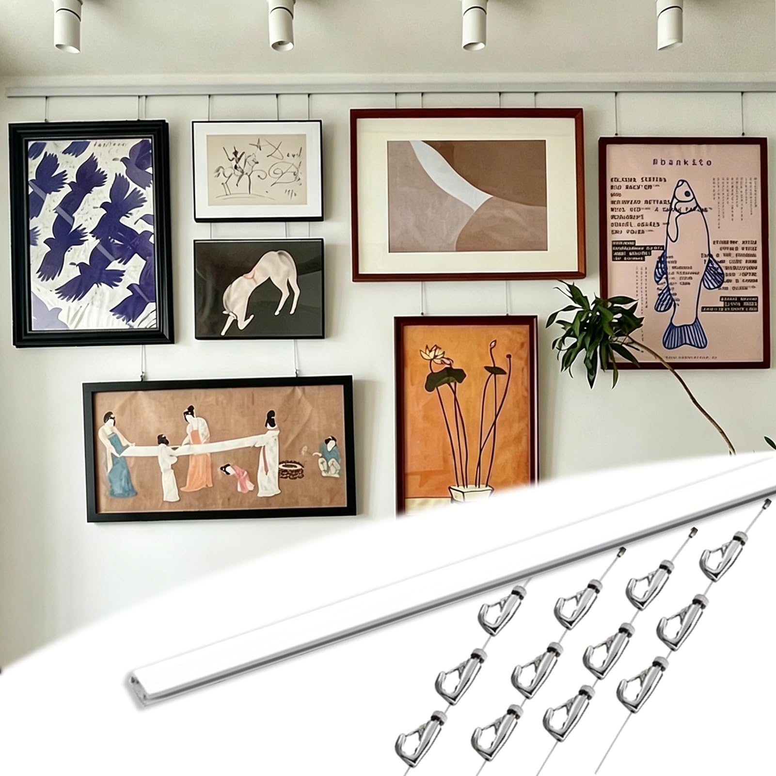Cimaise pour Tableau Rail de Suspension avec Câble de 3 m et Crochets Multiples, Système d'accrochage Mural Moderne et Ajustable pour Tableaux, Rails d'affichage Photo(2pcs-9.8'/3mCab,24"/60cmTrk)