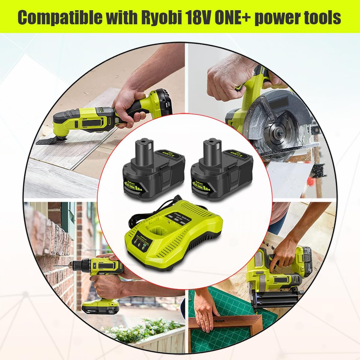 BatPower Replacement Battery and Charger Starter Kit Compatible with Ryobi 18V System, (2) 6.5Ah High Capacity Lithium-Ion Batteries and (1) Fast Charger P108 P117 (3-Piece Set)