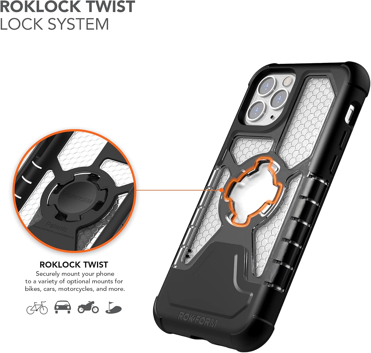Rokform iPhone 11 Pro case showing the RokLock twist system, with an arrow indicating the twist motion for secure mounting.