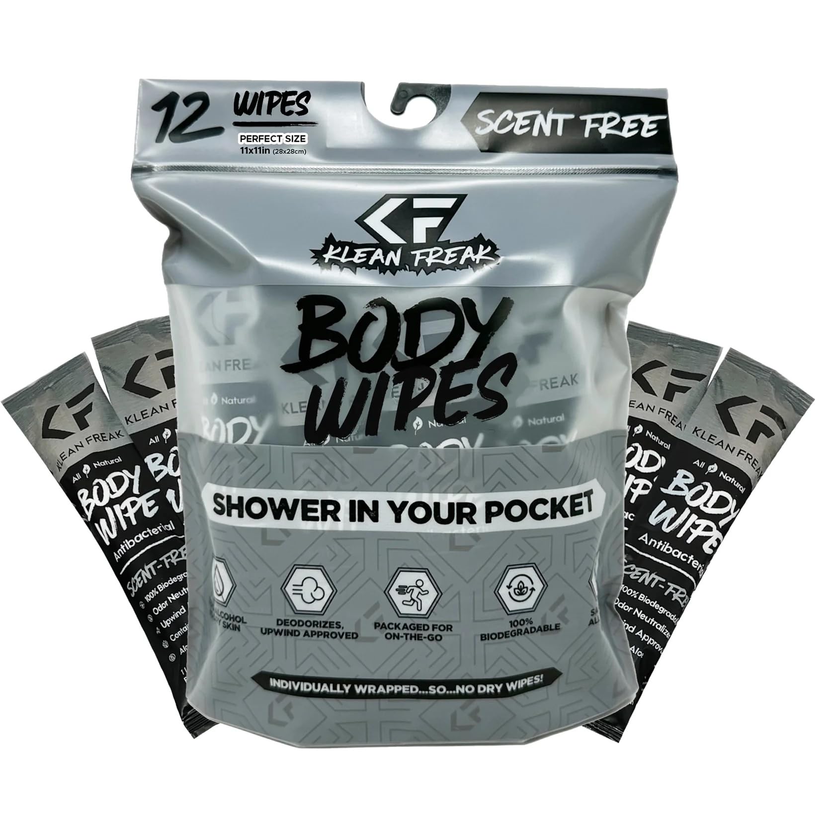 The Klean Freak Body Wipes - 12 count Individually Wrapped | Showerless Body Wipe for Women & Men | Sustainable Bodywipes for Gym, Travel, Camping | Scent Free