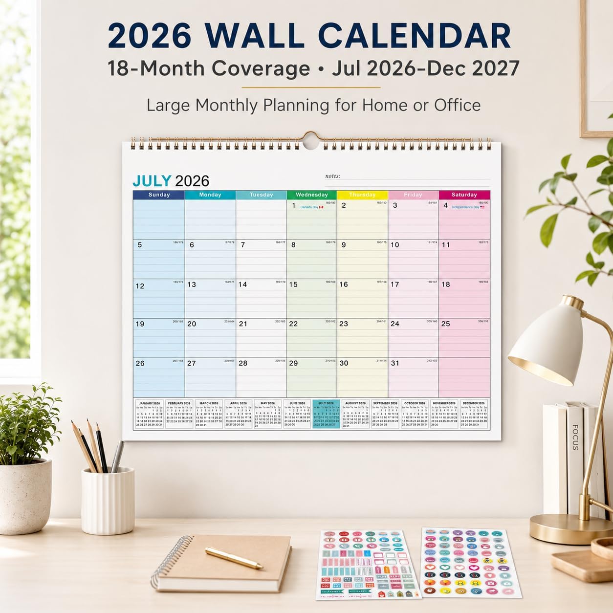2026 Wall Calendar, 18-Month Calendar Runs from Jun 2026 to Dec 2027, 12" x 15", Large Monthly Calendar with Twin-Wire Binding, Perfect for Home or Office - With 3 stickers image 4