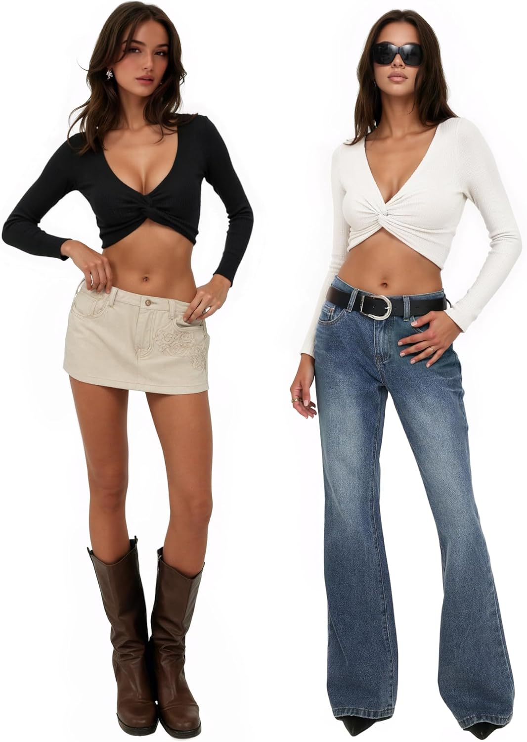 CLOZOZ Long Sleeve Twist Front Crop Top Ribbed V Neck Sexy Going Out Shirt for Women - Image 4