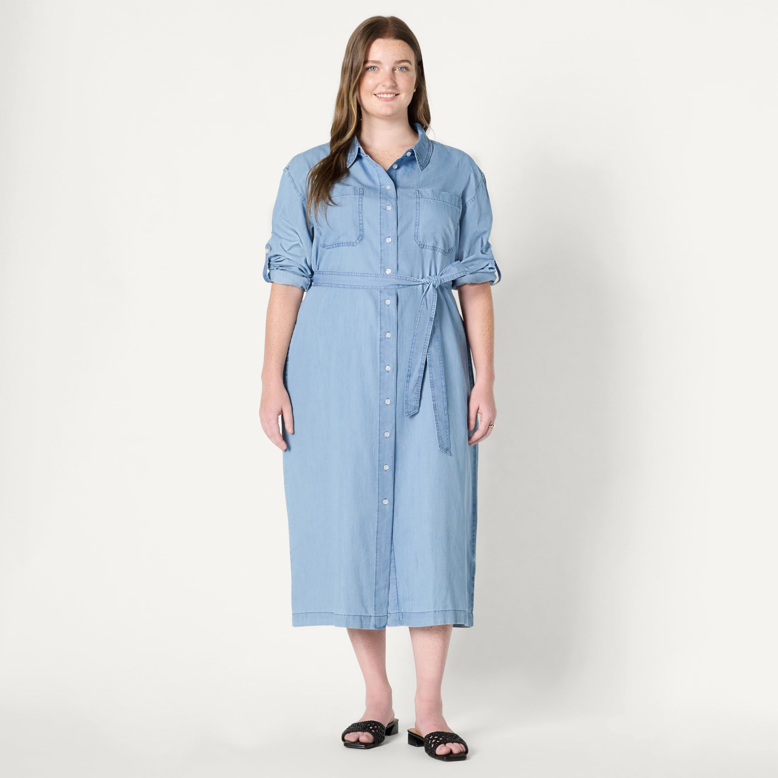 Amazon Essentials Vestido de Manga Larga de Cambray Vaquero de Corte Recto Mujer