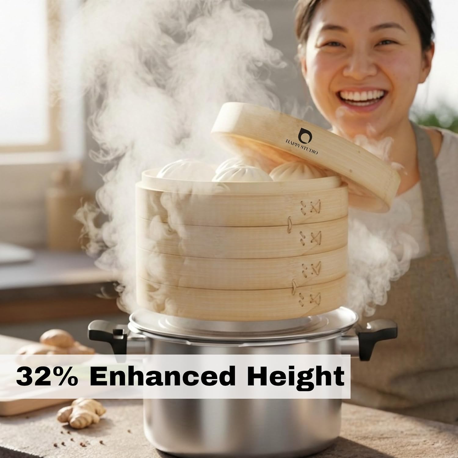 Bamboo Steamer Basket Set - 10 Inch Large Dumpling Steamer 2 Tier for Pots - Asian Cooking Dim Sum Bao Buns Momo Rice - Natural Chinese Steam Baskets Kit with Stainless Steel Ring - Image 3