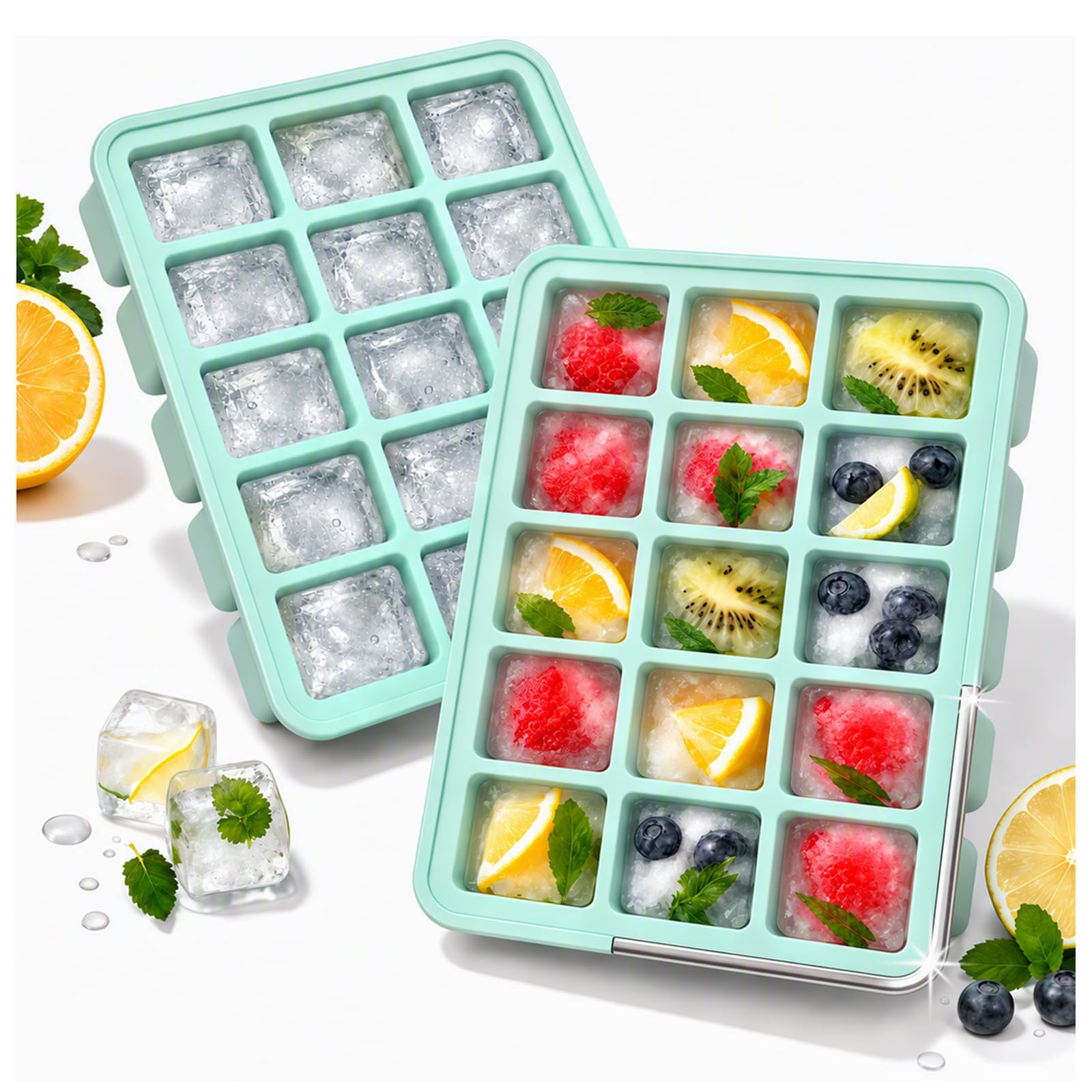 CAKETIME 2 Pack Silicone Ice Cube Trays with Lid Reusable Metal Reinforced BPA-Free Freezer Containers Bin Molds Stackable Easy Release Home Bar Essentials Coffee Whiskey Juice Drinks Must Haves