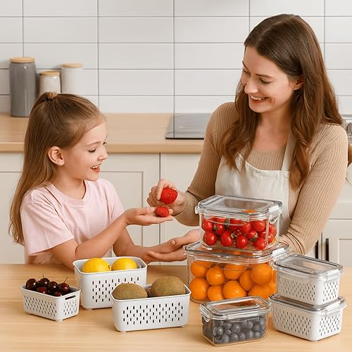 Miniatura 3 de Recipientes herméticos de almacenamiento para refrigerador con colador extraíble, caja de almacenamiento de alimentos con cesta de drenaje, aptos