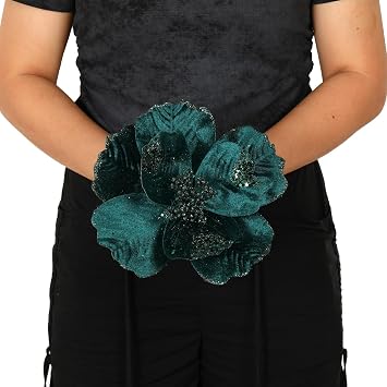 8.7’’ Large Glitter Christmas Flowers 6 Pcs Artificial Poinsettia Flower Velvet Christmas Tree Flower Ornaments Fold Floral for Christmas New Year Party Wedding Decor (Blackish Green)