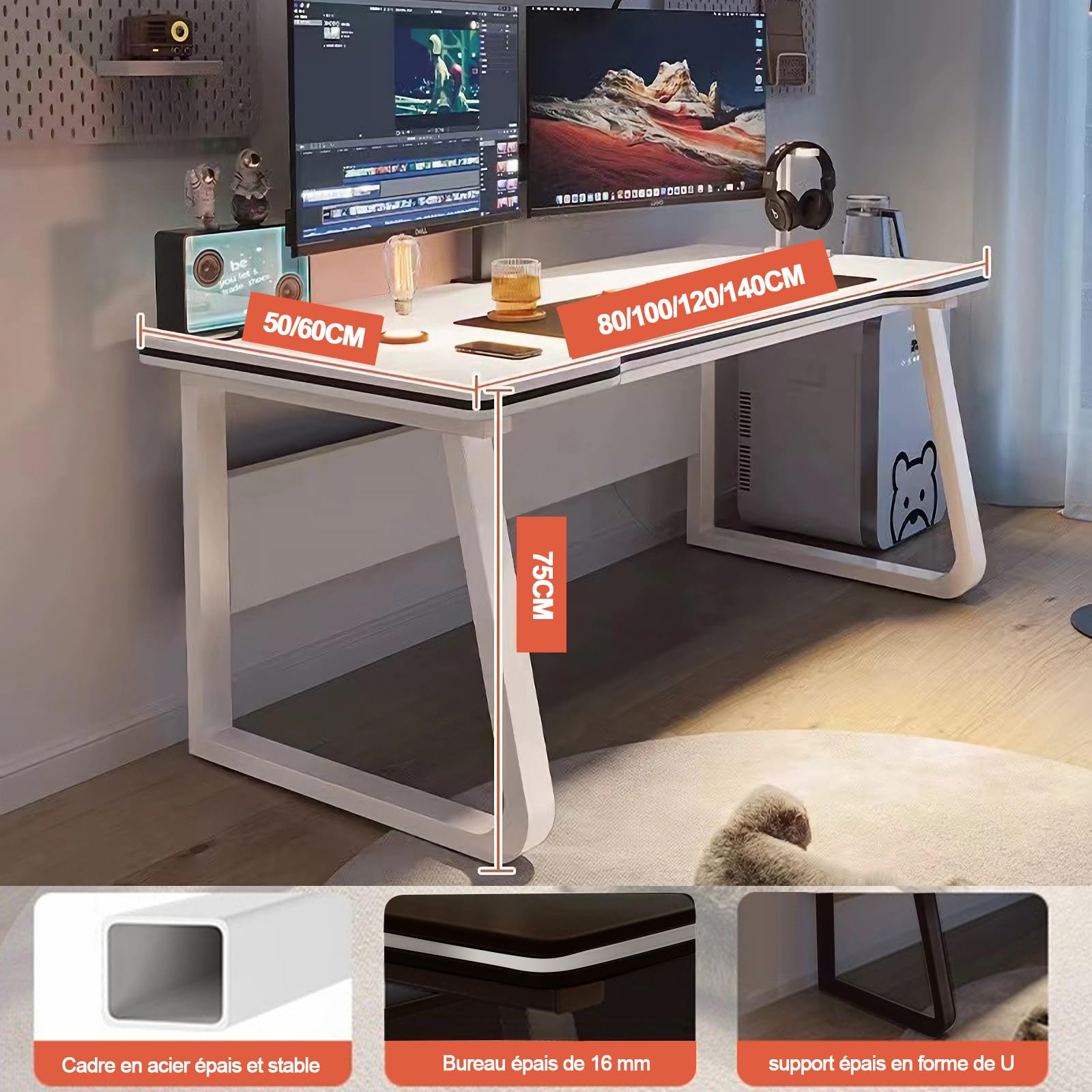 Bureau Gamer Bureau d'Ordinateur Table Écriture Étudiant Art Style Moderne Simple Bureau PC Bois pour Maison, Bureau (Blanc, 100x50cm)