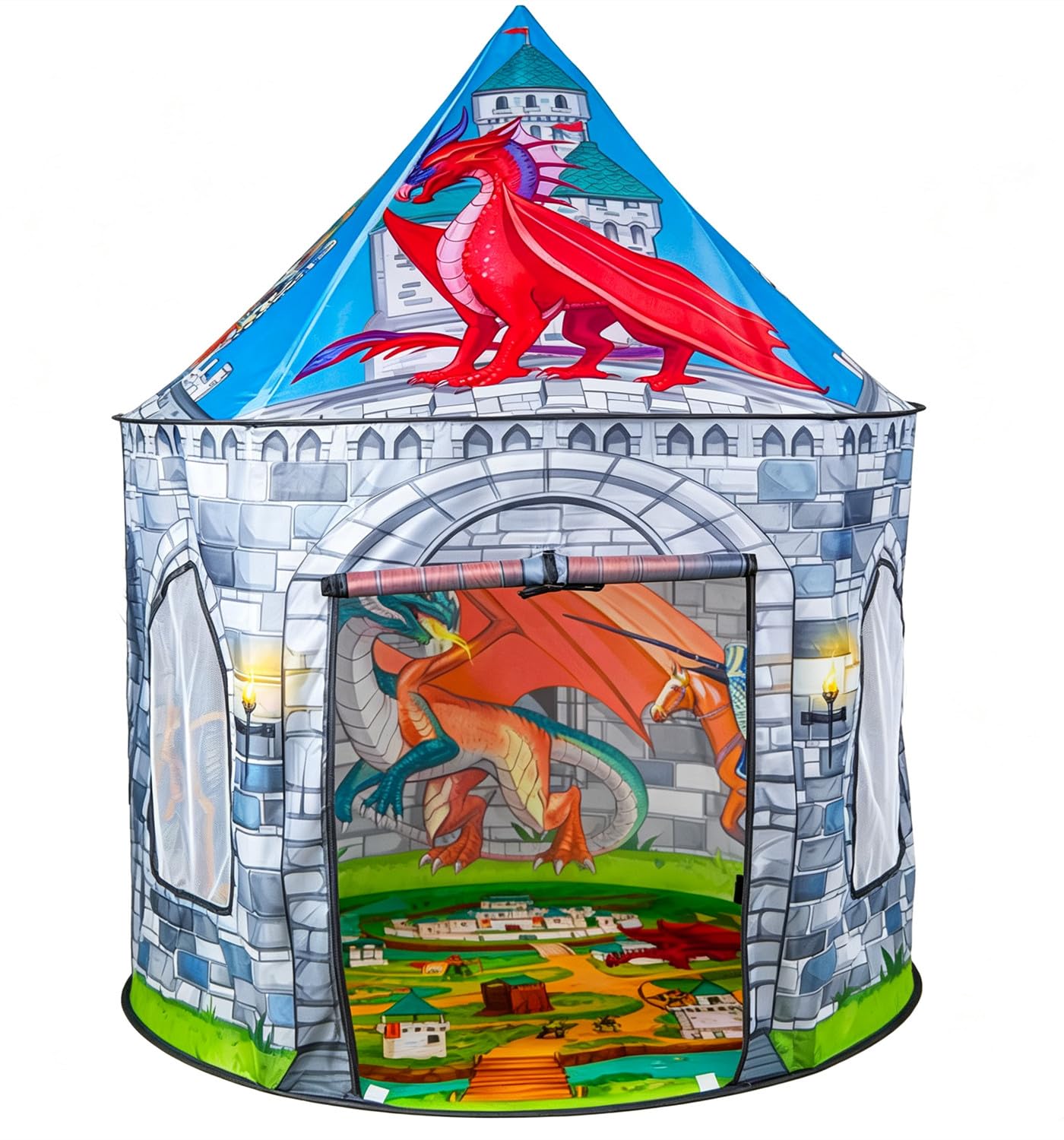 Floving Foldable Children's Teepee,Play Tents for kids,Pop up baby tent for Indoor and Outdoor,yurt playhouse for storage toys,with storage bag (Castle Pterosaur)