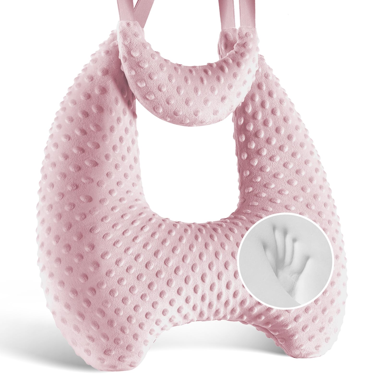 Almohada de viaje de espuma viscoelástica para niños, almohada de coche para niños, almohadas de coche en forma de H para dormir, funda de almohada extraíble, ajustable, puntos de terciopelo, rosa