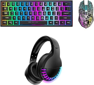Wireless 61 Key Gaming Keyboard and Mouse and Bluetooth RGB Headphone Combo for PC Mac GamerBlack