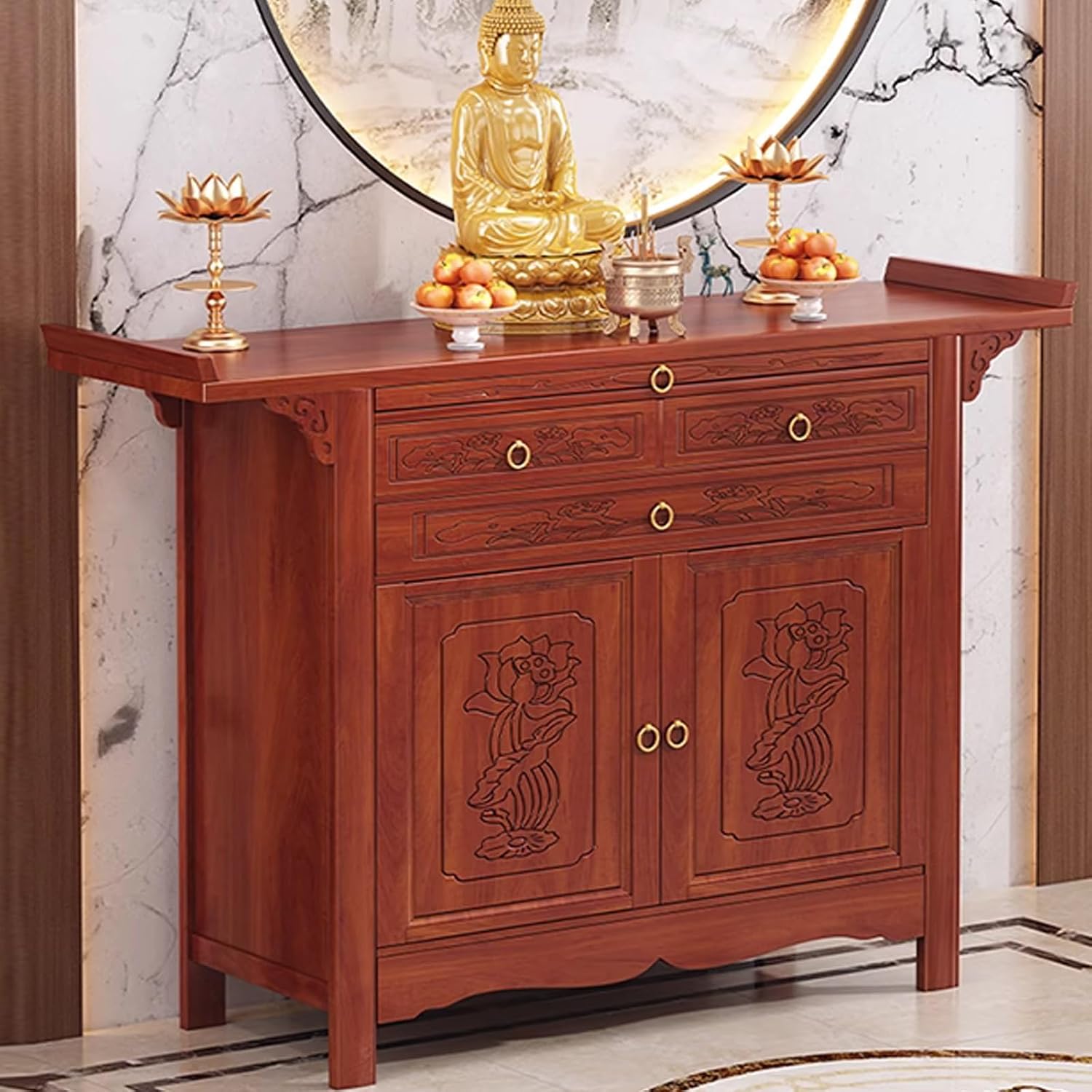 Bamboo Altar Table for Home, Pooja Cabinet with Storage, Shrine Cabinet, Meditation Table with Drawer, Chinese Cabinets Pedestal Offering Tavle, Buddhist Stand(50.4in)