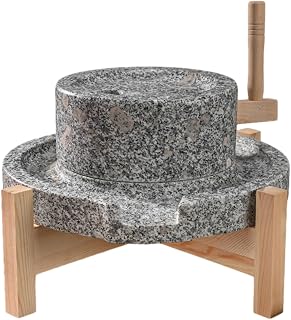Molinillo de piedra de mano seca y húmeda con marco de madera, molinillo de bayas de trigo a mano, molinillo de pasta de soja, piedra azul natural pulida a mano, fácil de limpiar